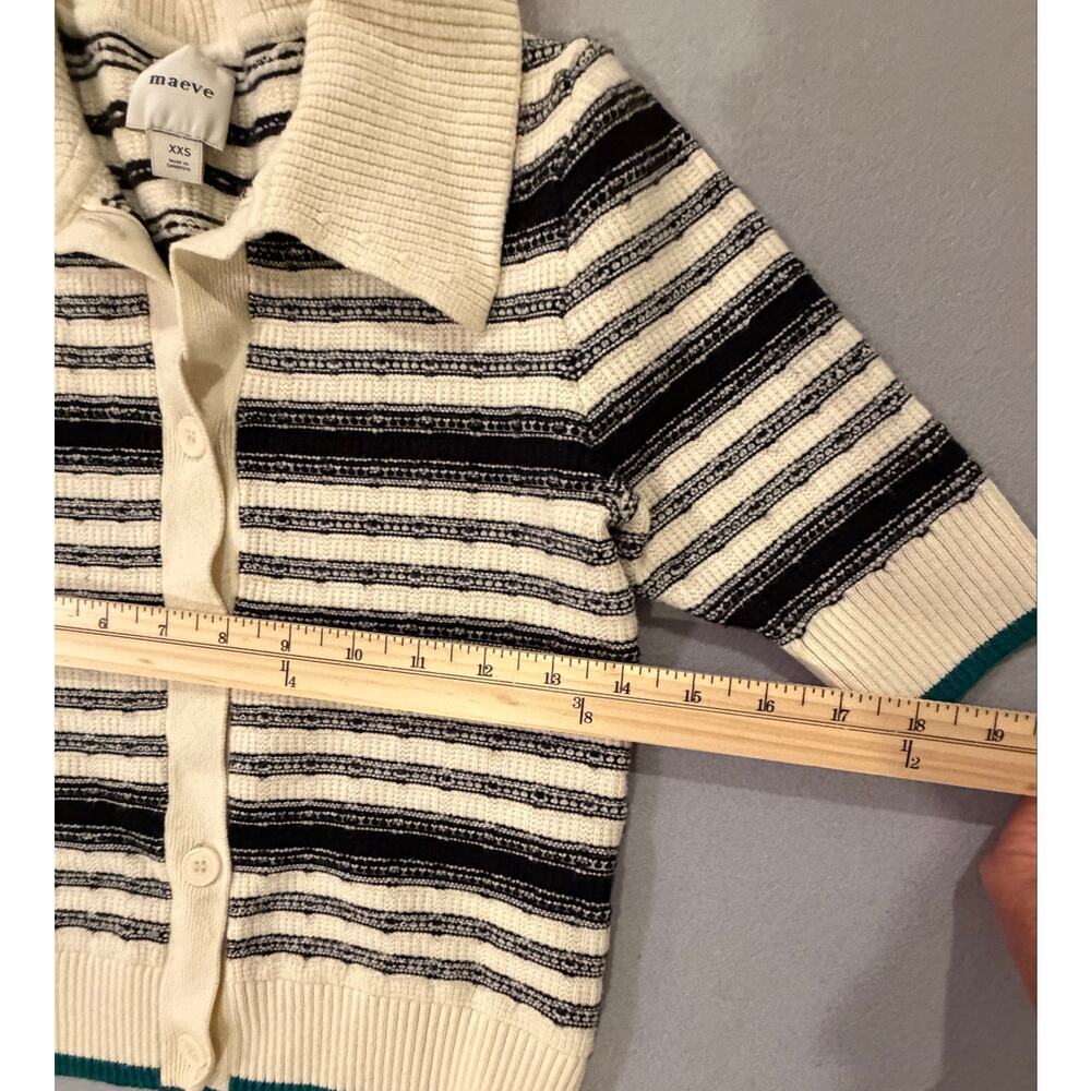 Maeve Anthropologie Striped Knit Polo Cardigan Sweater Black Cream Green Trim - Picture 4 of 9